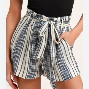Lulus Striped Rayon Shorts High Waist Navy Blue Off White Lined L NWT